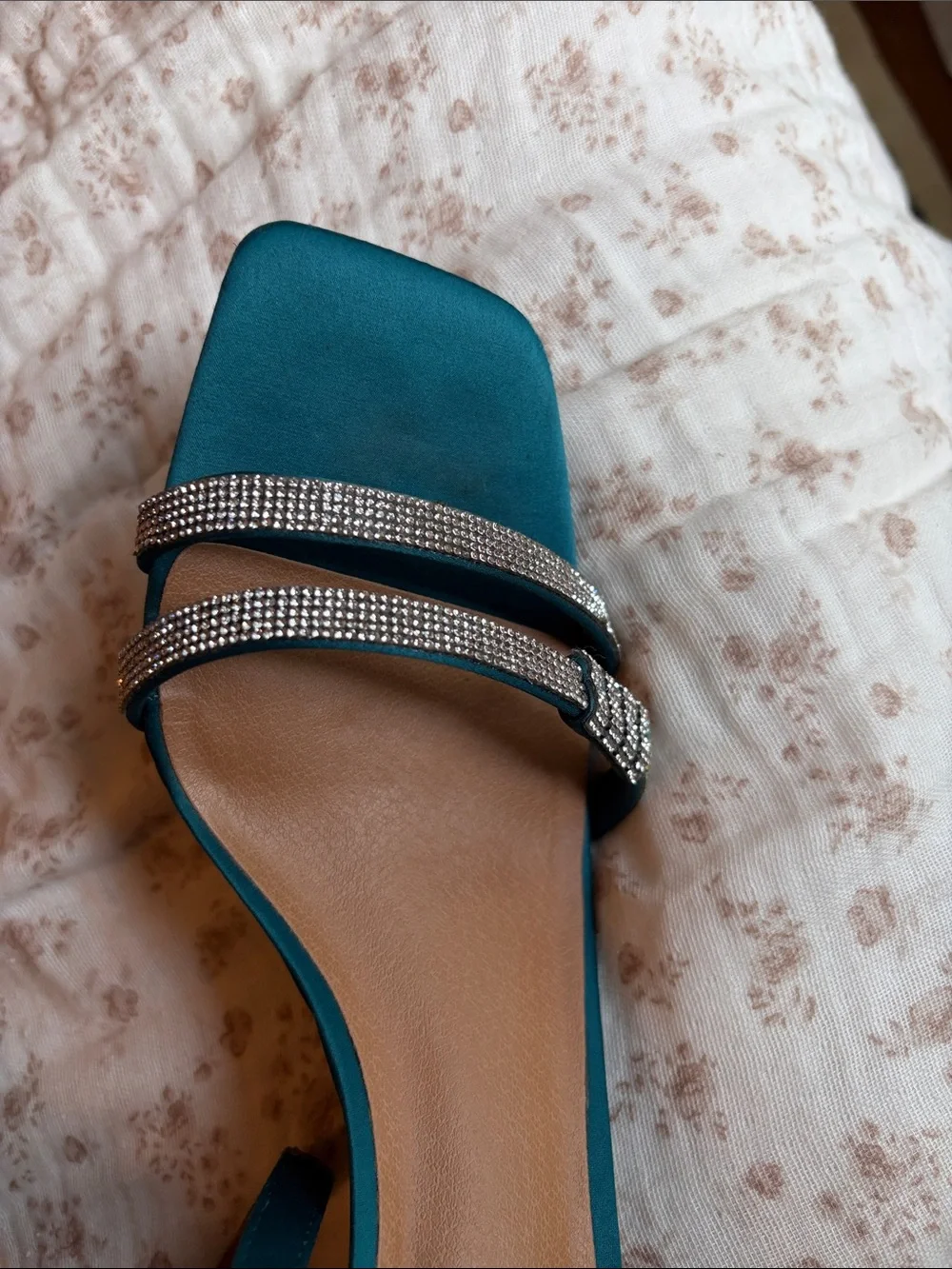 Teal Satin Ankle-Strap Evening Heels with Crystal Accent